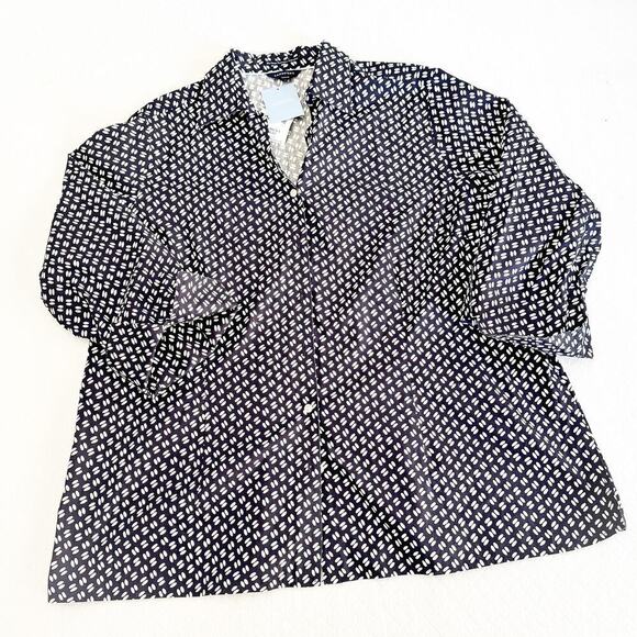 Land's End No Iron Pinpoint Oxford True Navy Print Long Sleeve Shirt Size 20 NWT - Picture 2 of 5